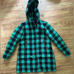 J. Crew Nello Gori Hooded Zip Coat Green Buffalo Plaid Wool Stadium Cloth Sz 2